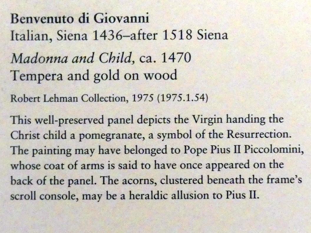 Benvenuto di Giovanni (1470), Maria mit Kind, New York, Metropolitan Museum of Art (Met), Saal 956, um 1470, Bild 2/2