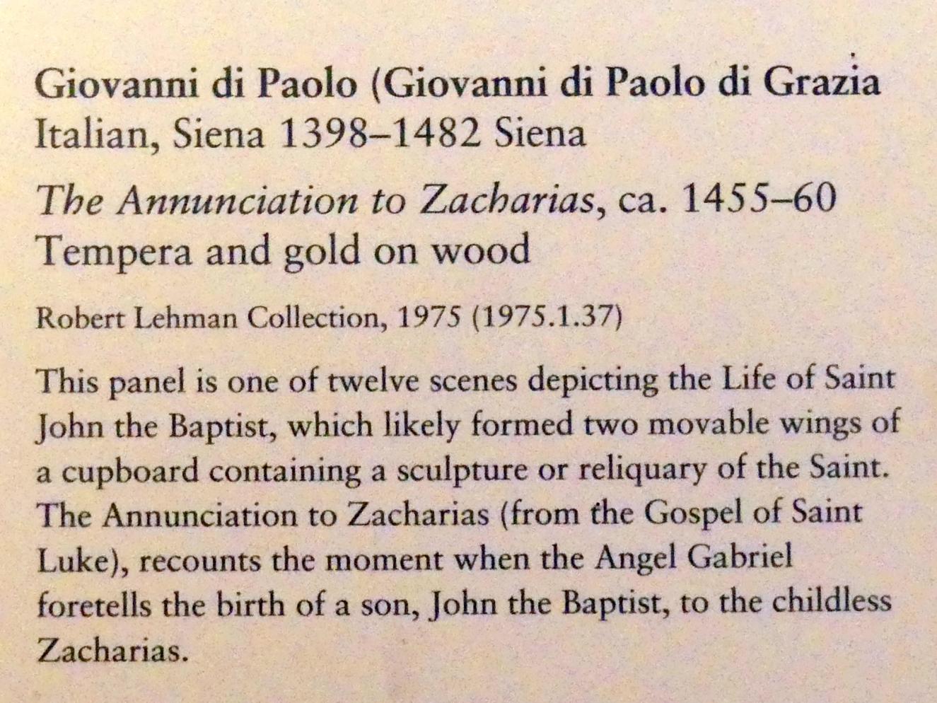 Giovanni di Paolo (1435–1475), Verkündigung an Zacharias, New York, Metropolitan Museum of Art (Met), Saal 956, um 1455–1460, Bild 2/2