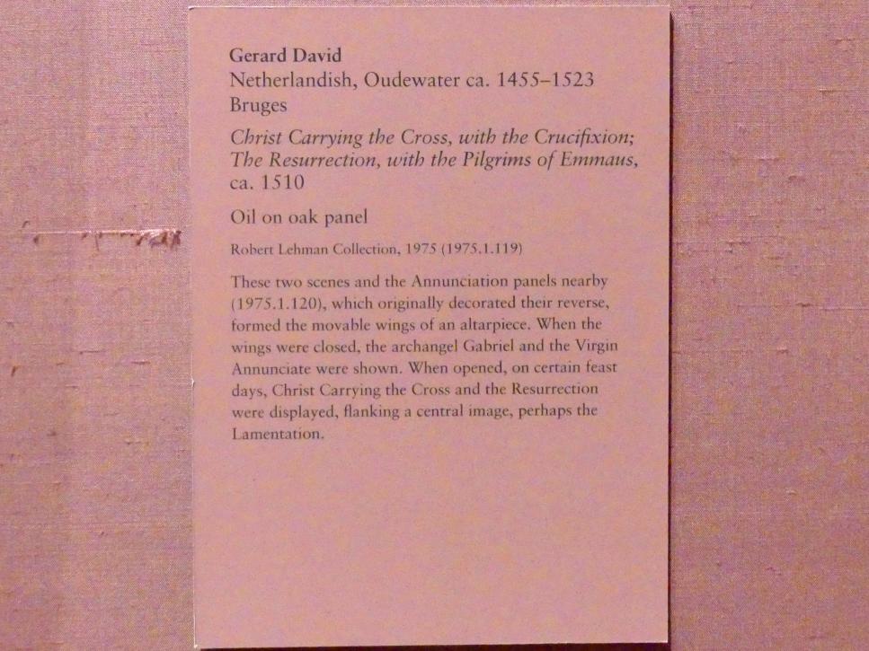 Gerard David (1475–1519), Christus trägt das Kreuz mit der Kreuzigung; Die Auferstehung mit den Pilgern von Emmaus, New York, Metropolitan Museum of Art (Met), Saal 953, um 1510, Bild 2/2