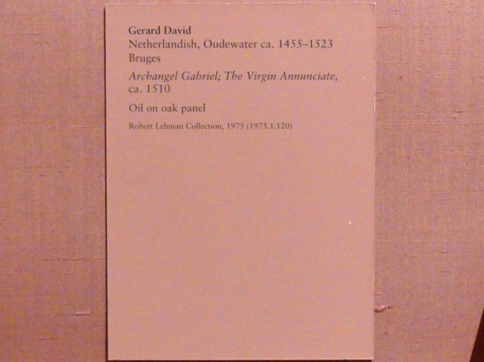 Gerard David (1475–1519), Erzengel Gabriel; Mariä Verkündigung, New York, Metropolitan Museum of Art (Met), Saal 953, um 1510, Bild 2/2