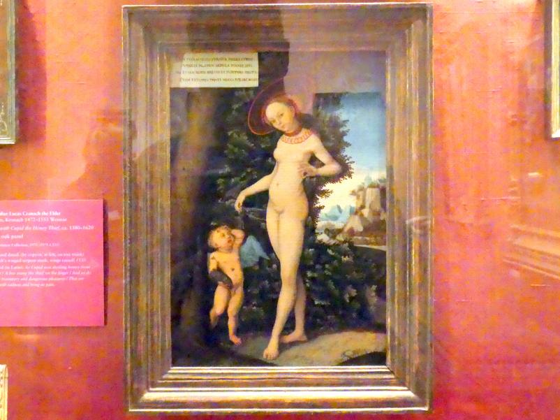 Lucas Cranach der Ältere (Kopie) (1553), Venus mit Amor, dem Honigdieb, New York, Metropolitan Museum of Art (Met), Saal 953, um 1580–1620