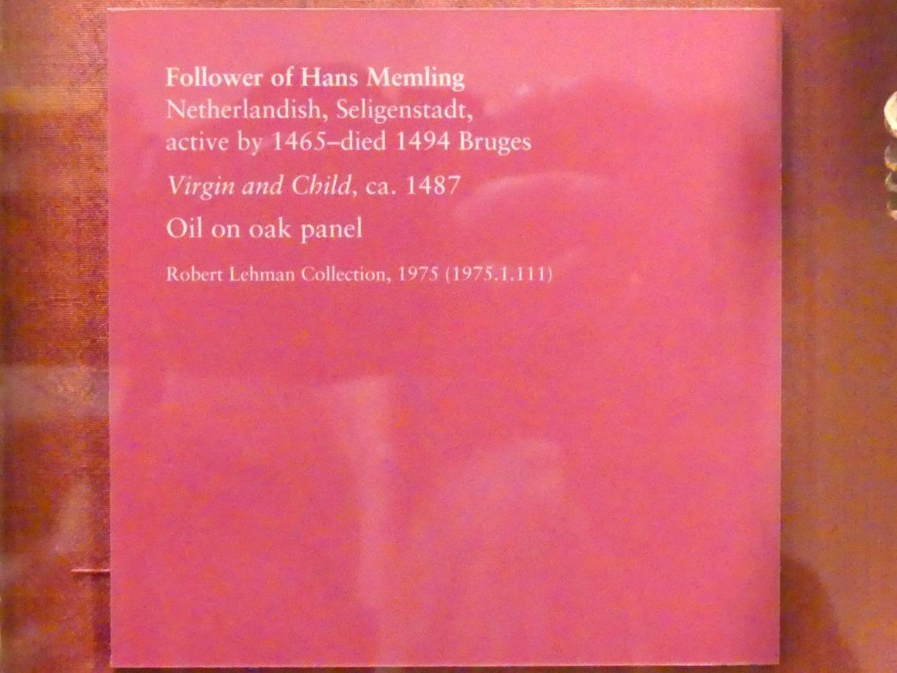 Hans Memling (Nachfolger) (1487), Maria mit Kind, New York, Metropolitan Museum of Art (Met), Saal 953, um 1487, Bild 2/2