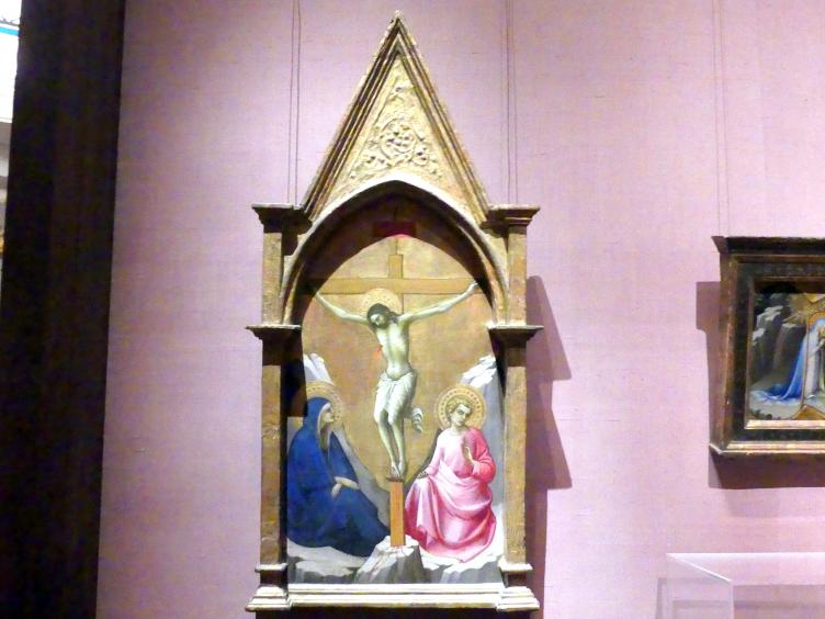 Lorenzo Monaco (Piero di Giovanni) (1387–1415), Der Gekreuzigte zwischen der Jungfrau Maria und dem Apostel Johannes, New York, Metropolitan Museum of Art (Met), Saal 952, um 1406
