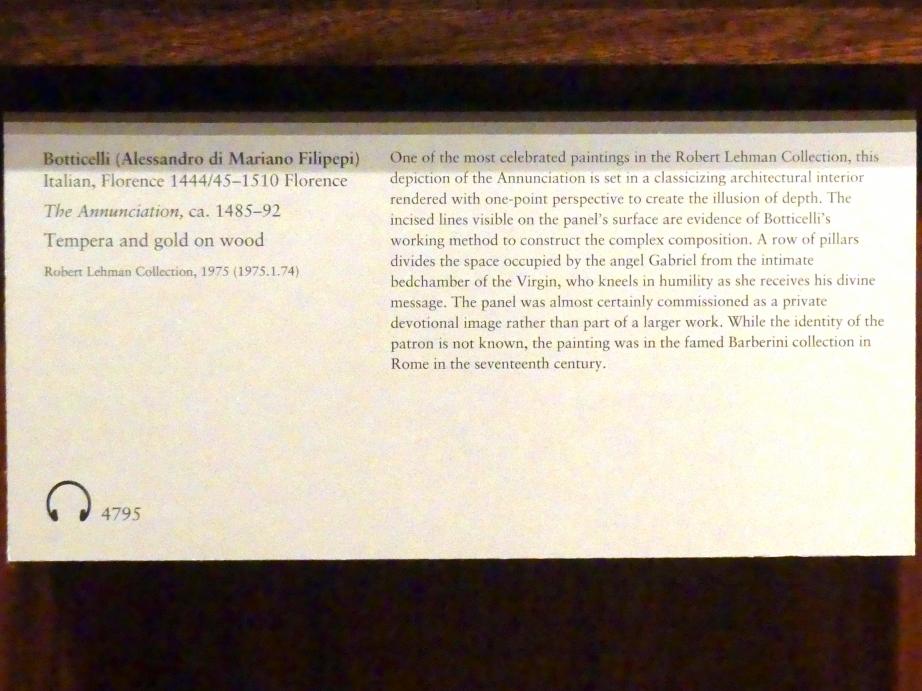Sandro Botticelli (1462–1500), Die Verkündigung, New York, Metropolitan Museum of Art (Met), Saal 952, um 1485–1492, Bild 2/2