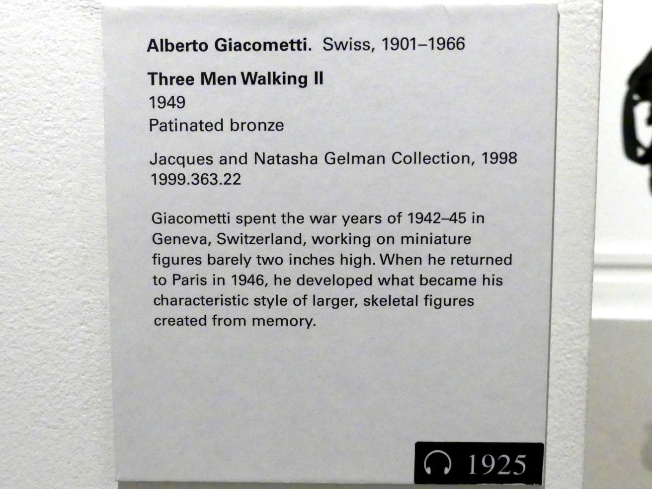 Alberto Giacometti (1914–1965), Drei Männer schreitend II, New York, Metropolitan Museum of Art (Met), Saal 907, 1949, Bild 5/5