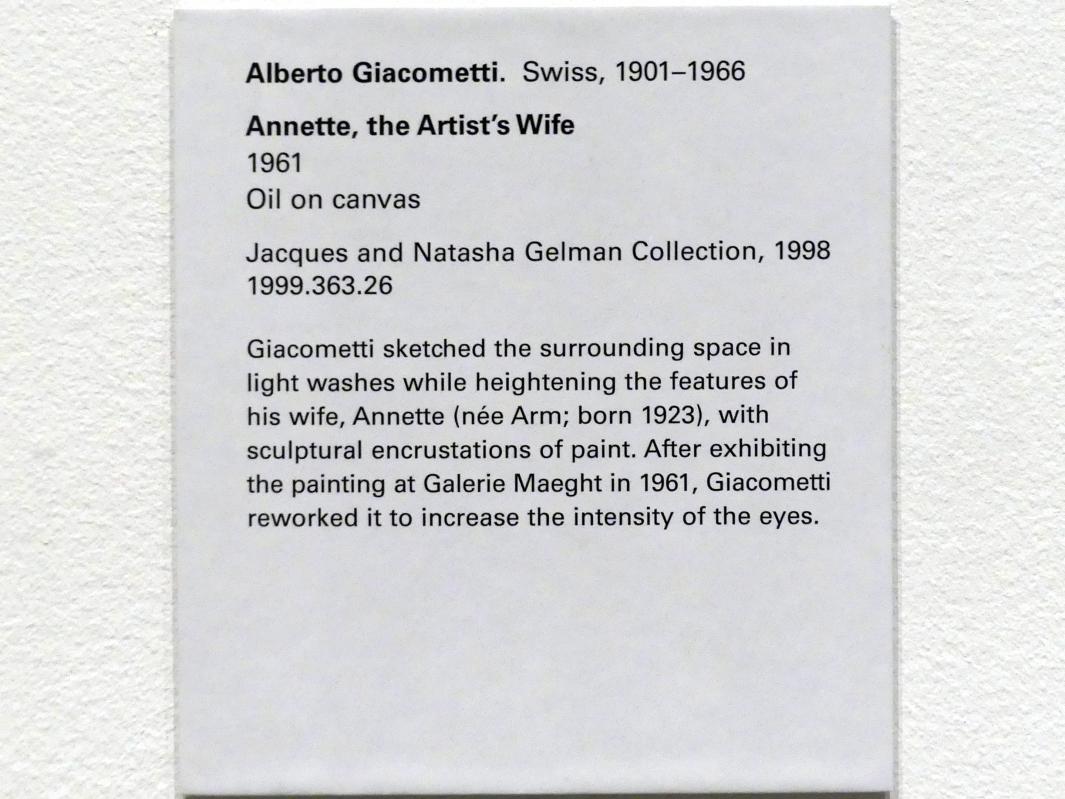 Alberto Giacometti (1914–1965), Annette, die Frau des Künstlers, New York, Metropolitan Museum of Art (Met), Saal 907, 1961, Bild 2/2