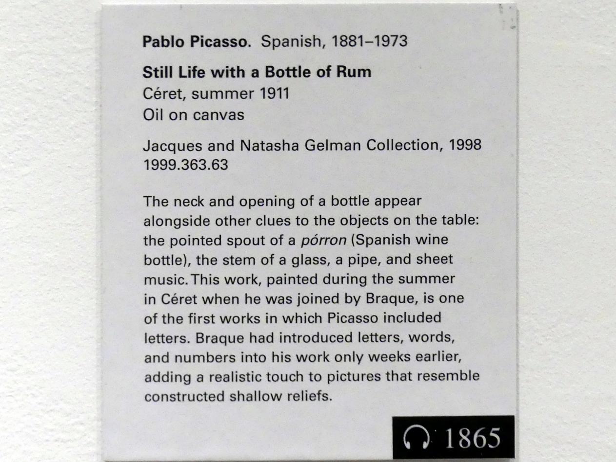 Pablo Picasso (1897–1972), Stillleben mit einer Flasche Rum, New York, Metropolitan Museum of Art (Met), Saal 905, 1911, Bild 2/2