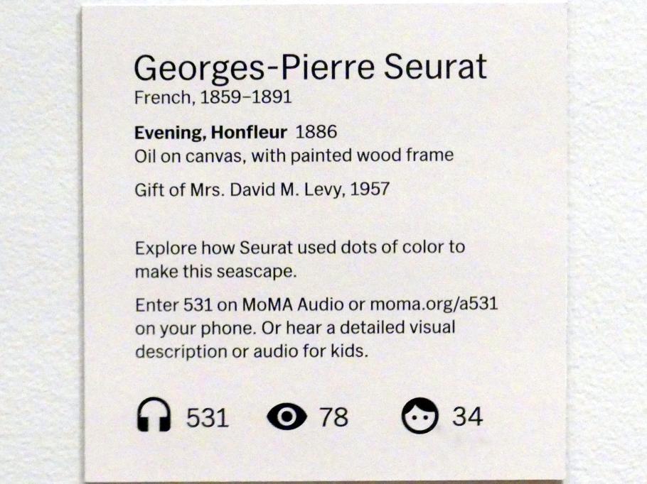 Georges Seurat (1879–1891), Seinemündung bei Honfleur am Abend, New York, Museum of Modern Art (MoMA), Saal 501, 1886, Bild 2/2