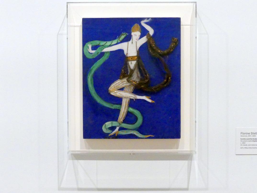 Florine Stettheimer (1912–1942), Kostümdesign (Euridice und die Schlange, zwei Tangotänzer und der heilige Franziskus) für das Künstlerballett Orphée der Quat-z-arts, New York, Museum of Modern Art (MoMA), Saal 509, um 1912, Bild 2/3