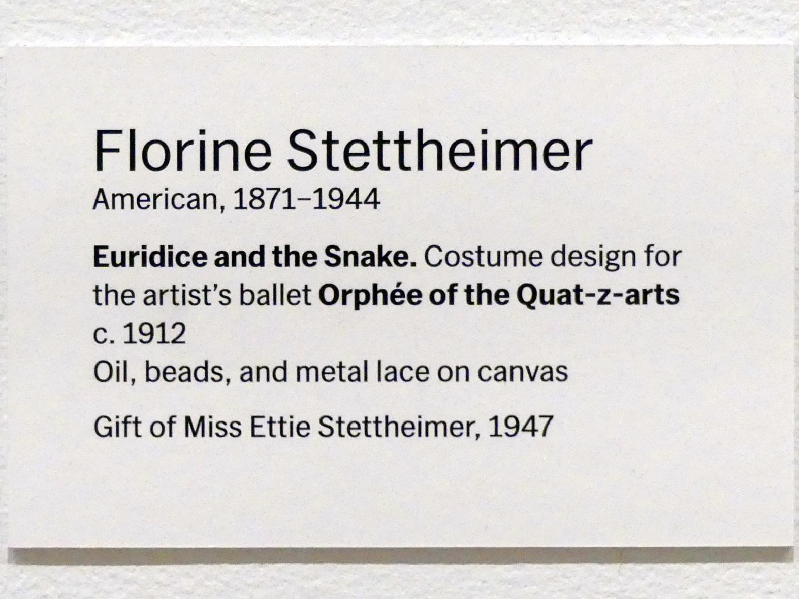 Florine Stettheimer (1912–1942), Kostümdesign (Euridice und die Schlange, zwei Tangotänzer und der heilige Franziskus) für das Künstlerballett Orphée der Quat-z-arts, New York, Museum of Modern Art (MoMA), Saal 509, um 1912, Bild 3/3