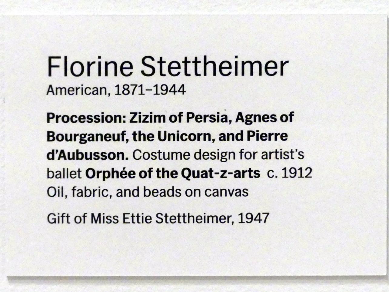 Florine Stettheimer (1912–1942), Kostümdesign (Prozession: Zizim von Persien, Agnes de Bourganeuf und das Einhorn) für das Künstlerballett Orphée der Quat-z-Künste, New York, Museum of Modern Art (MoMA), Saal 509, um 1912, Bild 2/2