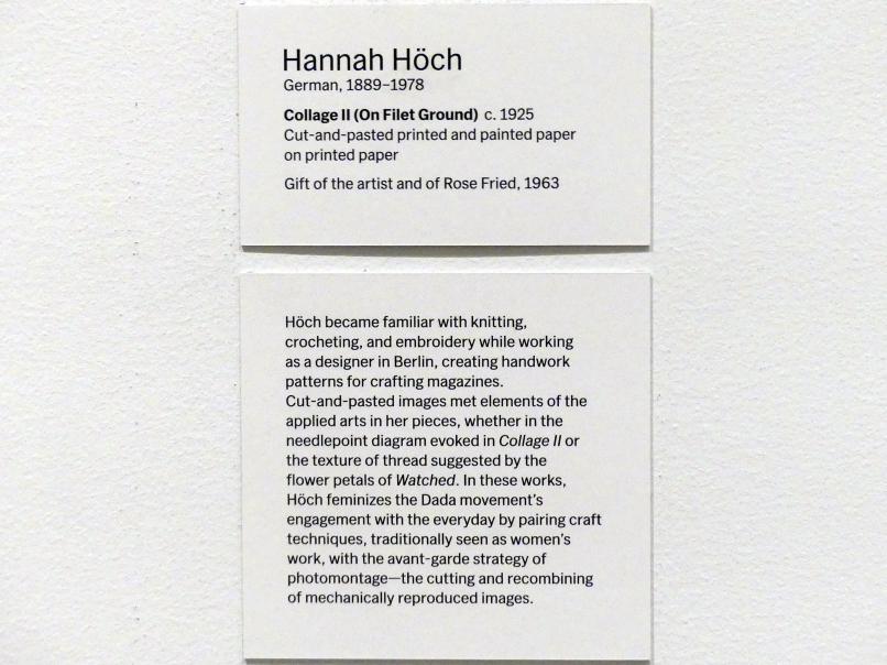 Hannah Höch (1919–1936), Collage II (Auf Filetgrund), New York, Museum of Modern Art (MoMA), Saal 509, um 1925, Bild 3/3