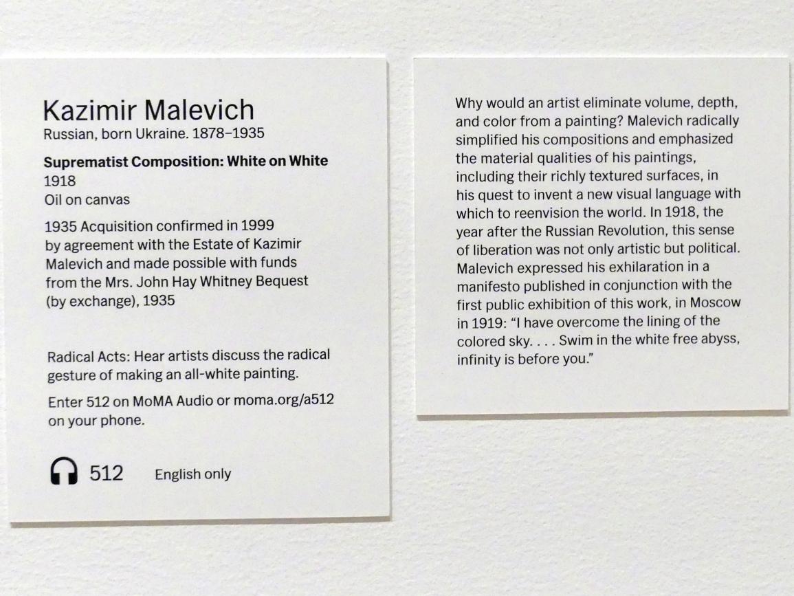 Kasimir Sewerinowitsch Malewitsch (1912–1930), Suprematistische Komposition: Weiß auf Weiß, New York, Museum of Modern Art (MoMA), Saal 512, 1918, Bild 2/2
