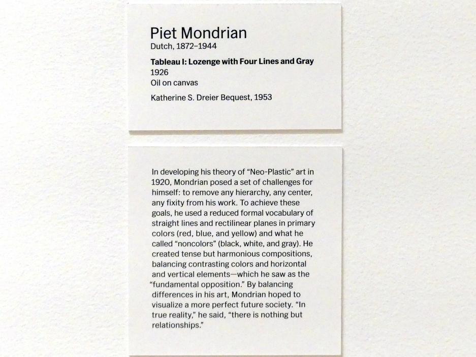 Piet Mondrian (1908–1942), Tableau I: Raute mit vier Linien und Grau, New York, Museum of Modern Art (MoMA), Saal 512, 1926, Bild 2/2