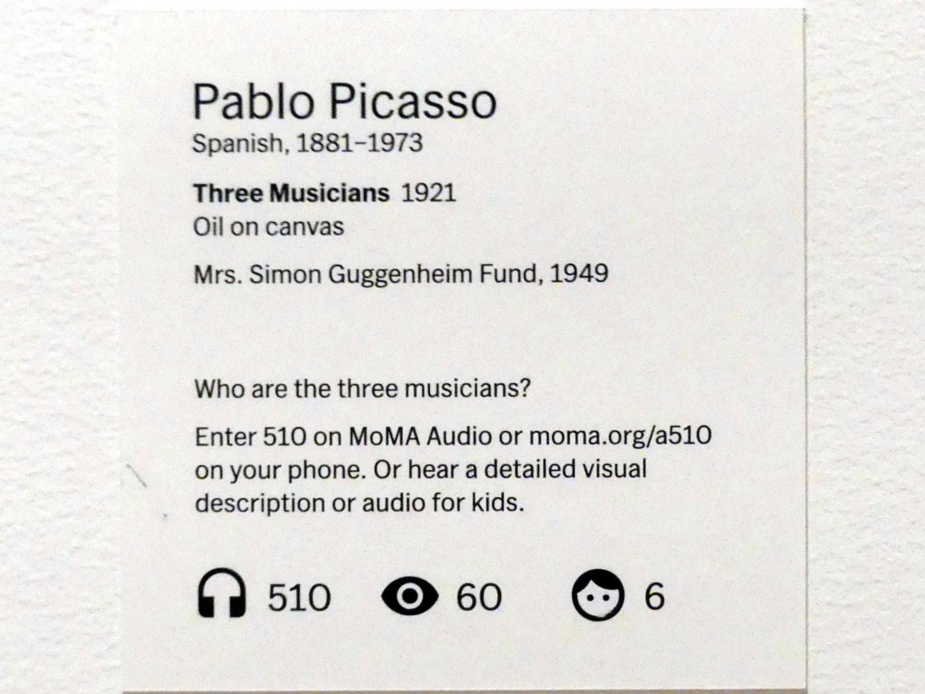 Pablo Picasso (1897–1972), Drei Musiker, New York, Museum of Modern Art (MoMA), Saal 514, 1921, Bild 2/2