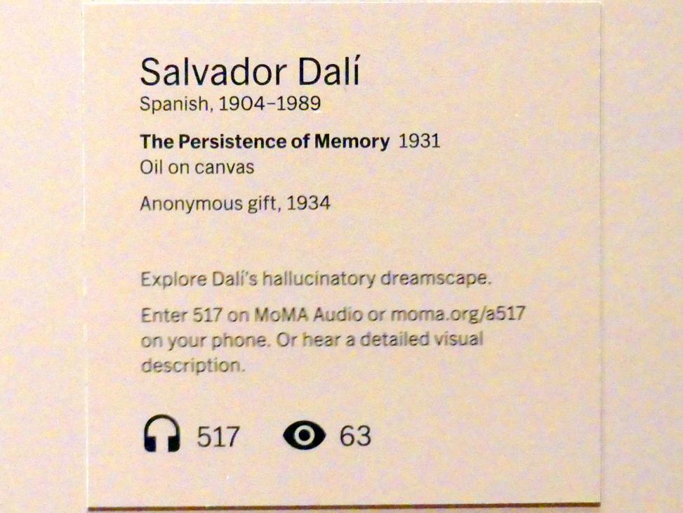Salvador Dalí (1924–1965), Die Beständigkeit der Erinnerung, New York, Museum of Modern Art (MoMA), Saal 517, 1931, Bild 3/3