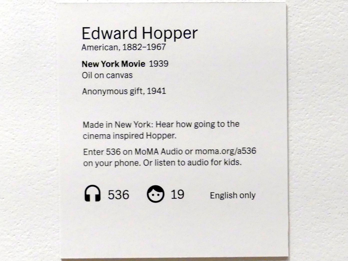 Edward Hopper (1921–1944), New York-Film, New York, Museum of Modern Art (MoMA), Saal 520, 1939, Bild 2/2