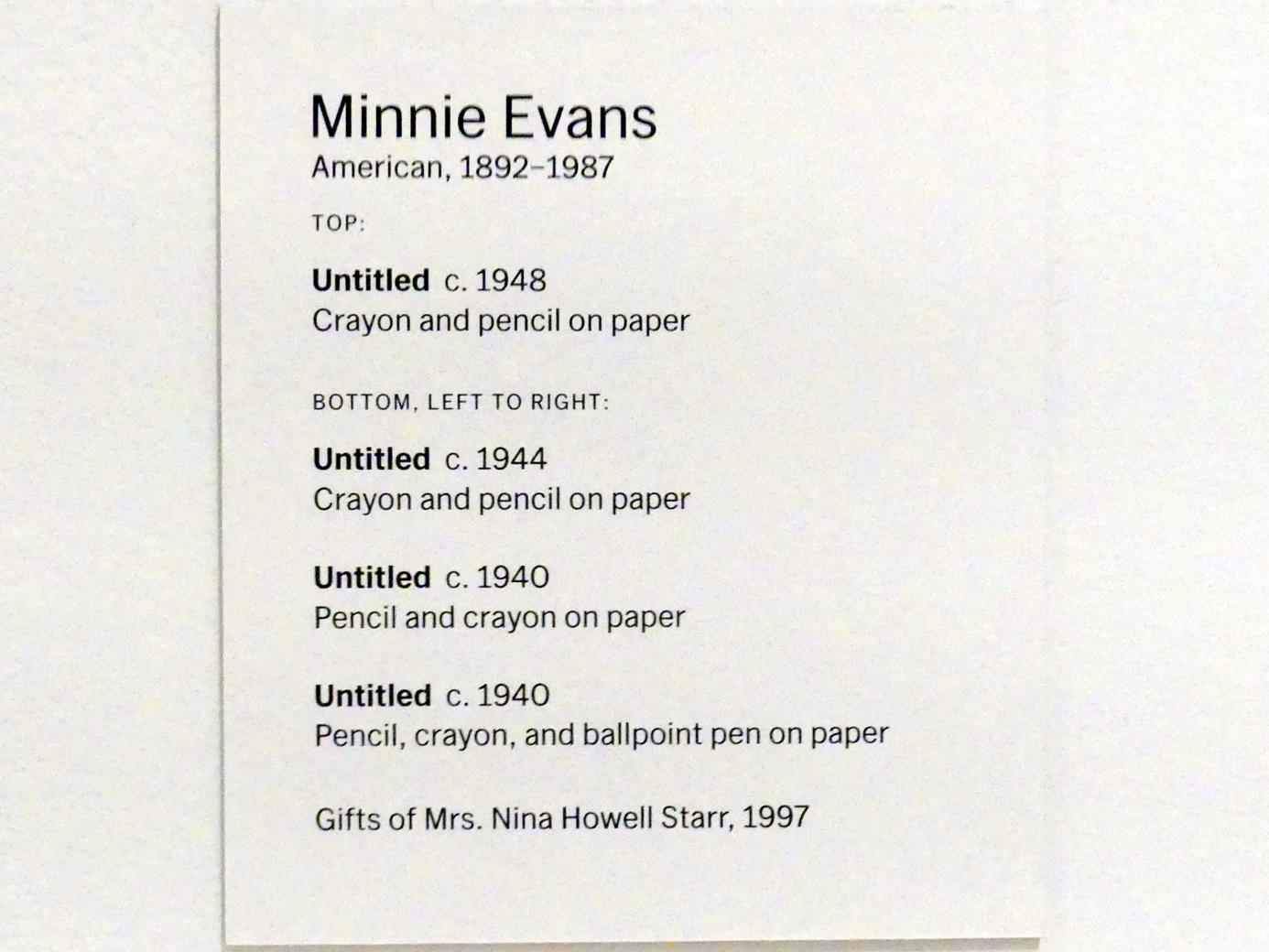 Minnie Evans (1940–1948), Ohne Titel, New York, Museum of Modern Art (MoMA), Saal 521, um 1944, Bild 2/2