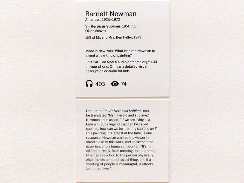 Barnett Newman (1946–1970), Vir Heroicus Sublimis (Mensch, heldenhaft und erhaben), New York, Museum of Modern Art (MoMA), Saal 404, 1950–1951, Bild 2/2