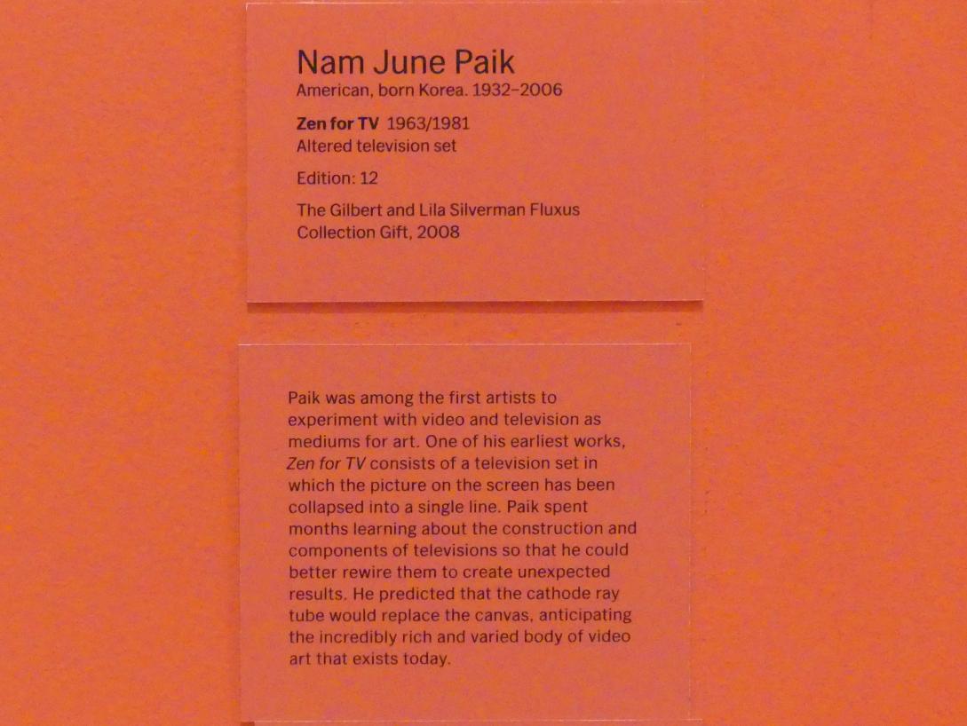 Nam June Paik (1963–2001), Zen fürs Fernsehen, New York, Museum of Modern Art (MoMA), Saal 410, 1963, Bild 2/2