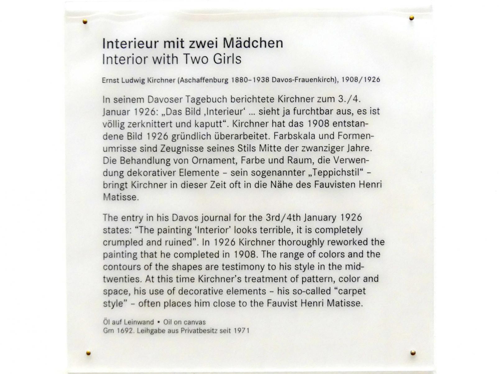 Ernst Ludwig Kirchner (1904–1933), Interieur mit zwei Mädchen, Nürnberg, Germanisches Nationalmuseum, Saal 211, 1908–1926, Bild 2/2