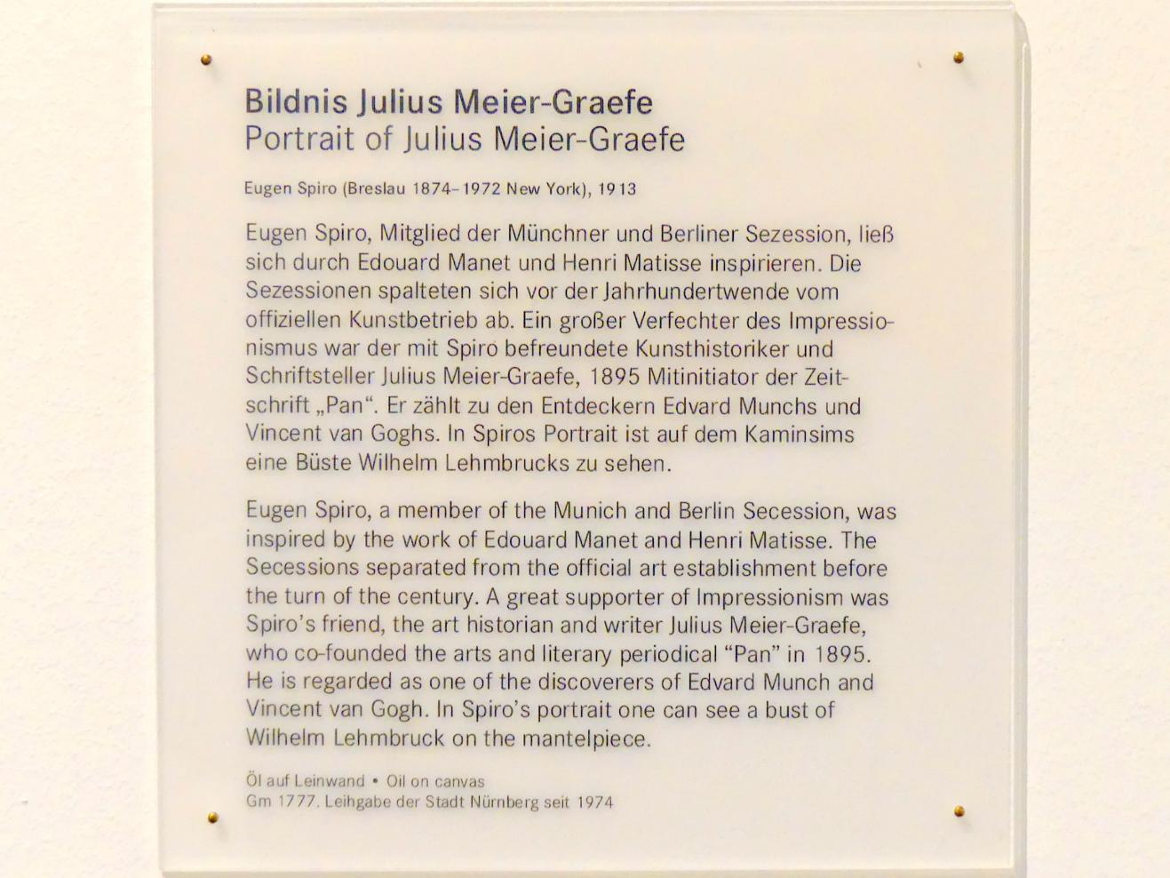 Eugene (Eugen) Spiro (1905–1929), Bildnis Julius Meier-Graefe, Nürnberg, Germanisches Nationalmuseum, Saal 212, 1913, Bild 2/2