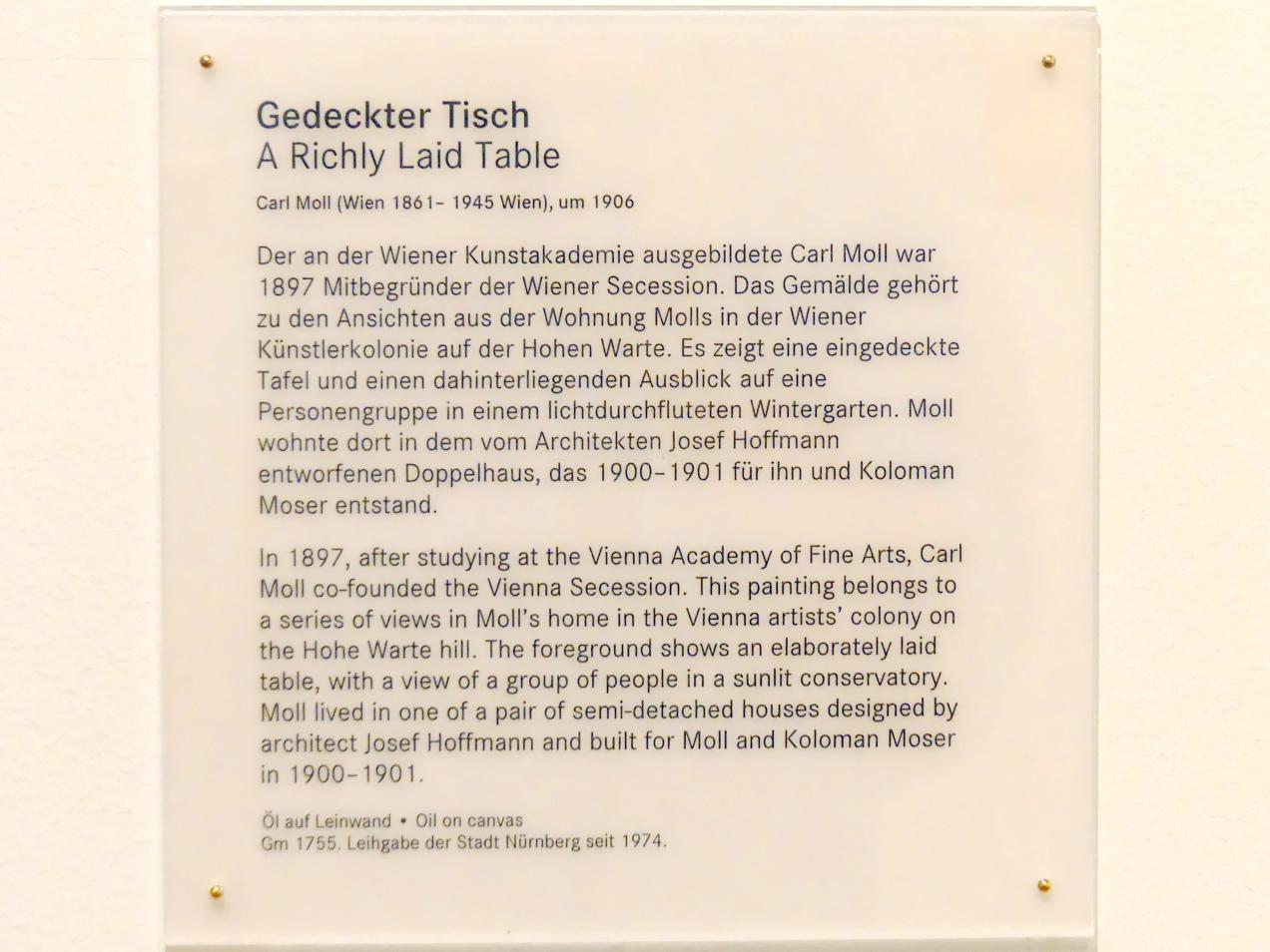 Carl Moll (1894–1907), Gedeckter Tisch, Nürnberg, Germanisches Nationalmuseum, Saal 212, um 1906, Bild 2/2
