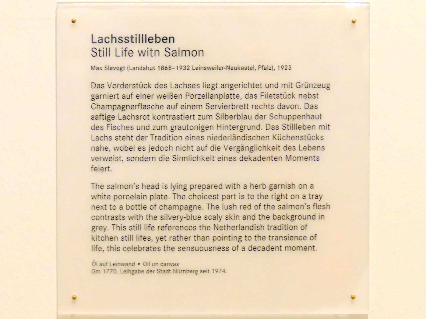 Max Slevogt (1886–1931), Lachsstillleben, Nürnberg, Germanisches Nationalmuseum, Saal 212, 1923, Bild 2/2