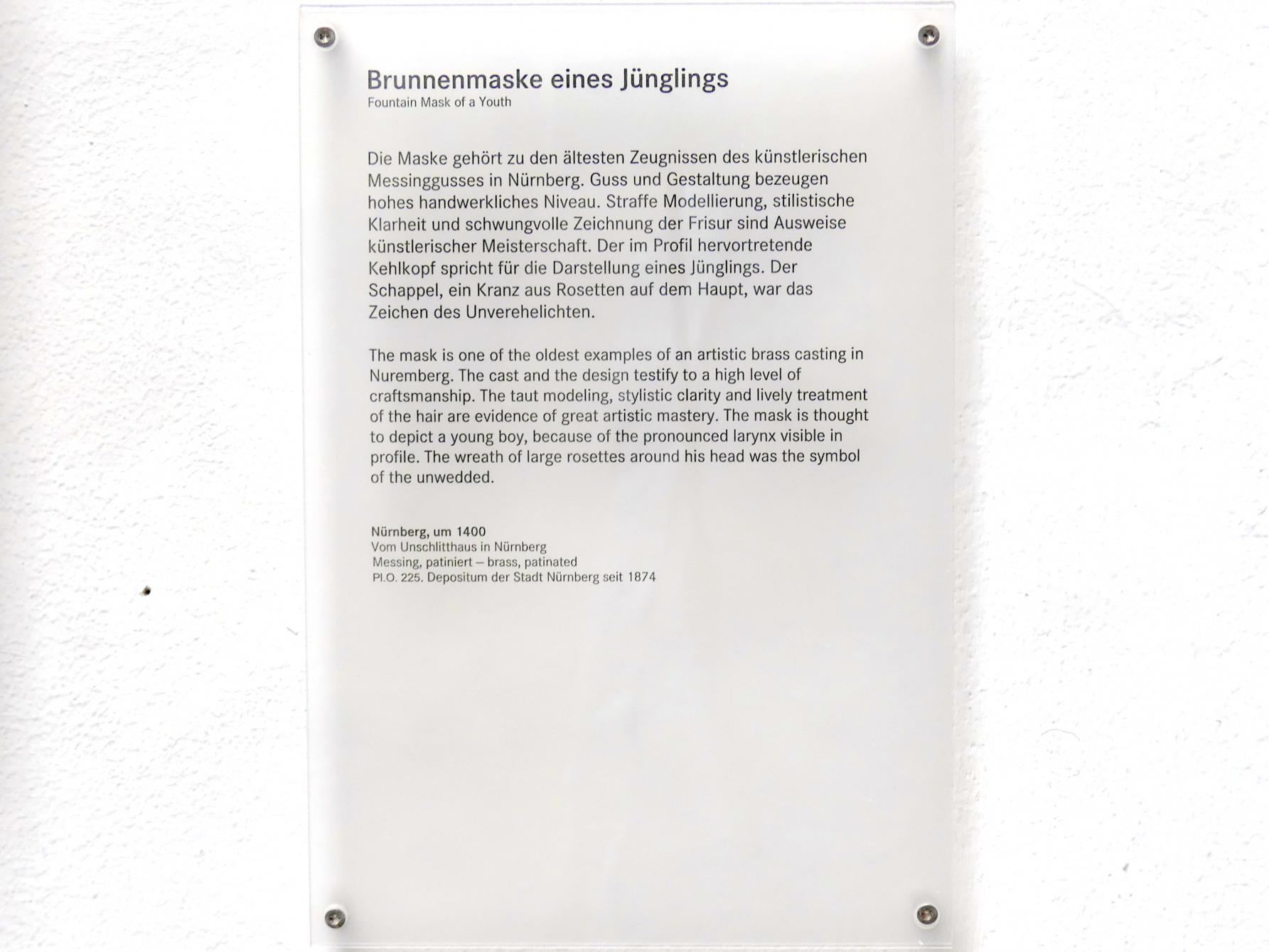Brunnenmaske eines Jünglings, Nürnberg, Unschlitthaus, jetzt Nürnberg, Germanisches Nationalmuseum, Saal 31, um 1400, Bild 3/3
