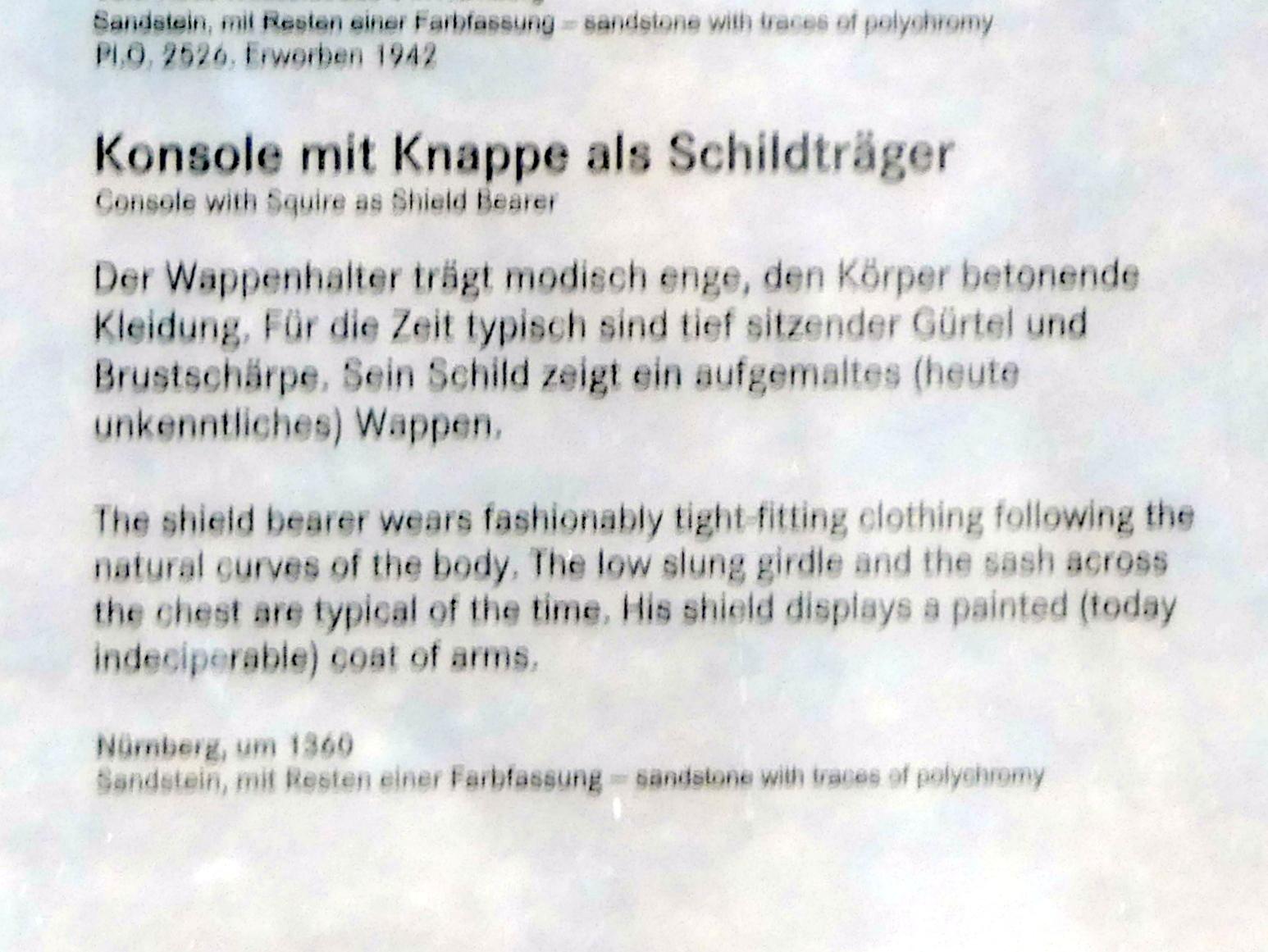 Konsole mit Knappe als Schildträger, Nürnberg, Germanisches Nationalmuseum, Saal 31, um 1360, Bild 2/2
