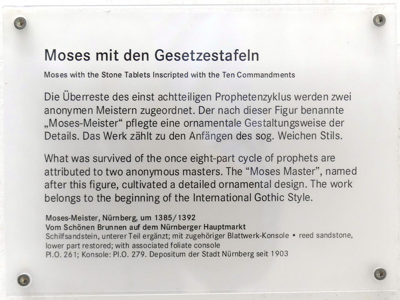 Moses mit den Gesetzestafeln, Nürnberg, Hauptmarkt, jetzt Nürnberg, Germanisches Nationalmuseum, Saal 30, um 1385–1392, Bild 5/5