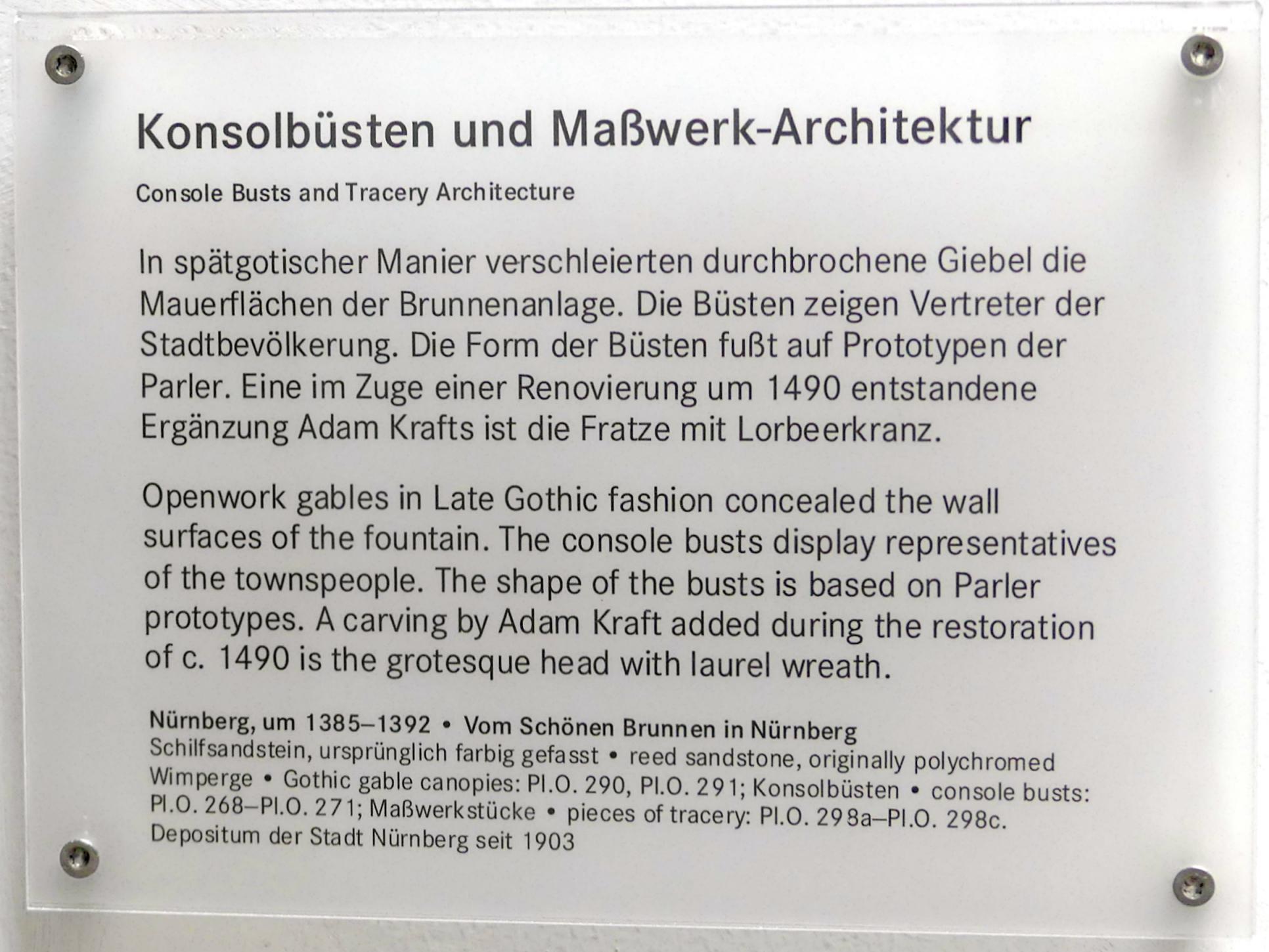 Konsolbüsten und Maßwerk-Architektur, Nürnberg, Hauptmarkt, jetzt Nürnberg, Germanisches Nationalmuseum, Saal 30, um 1385–1392, Bild 11/11