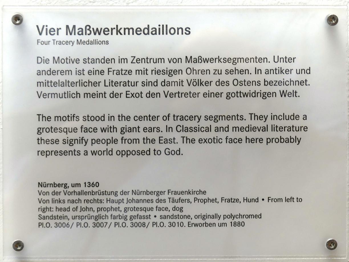 Vier Maßwerkmedaillons, Nürnberg, Stadtpfarrkirche Zu Unserer lieben Frau (Frauenkirche), jetzt Nürnberg, Germanisches Nationalmuseum, Saal 30, um 1360, Bild 6/6