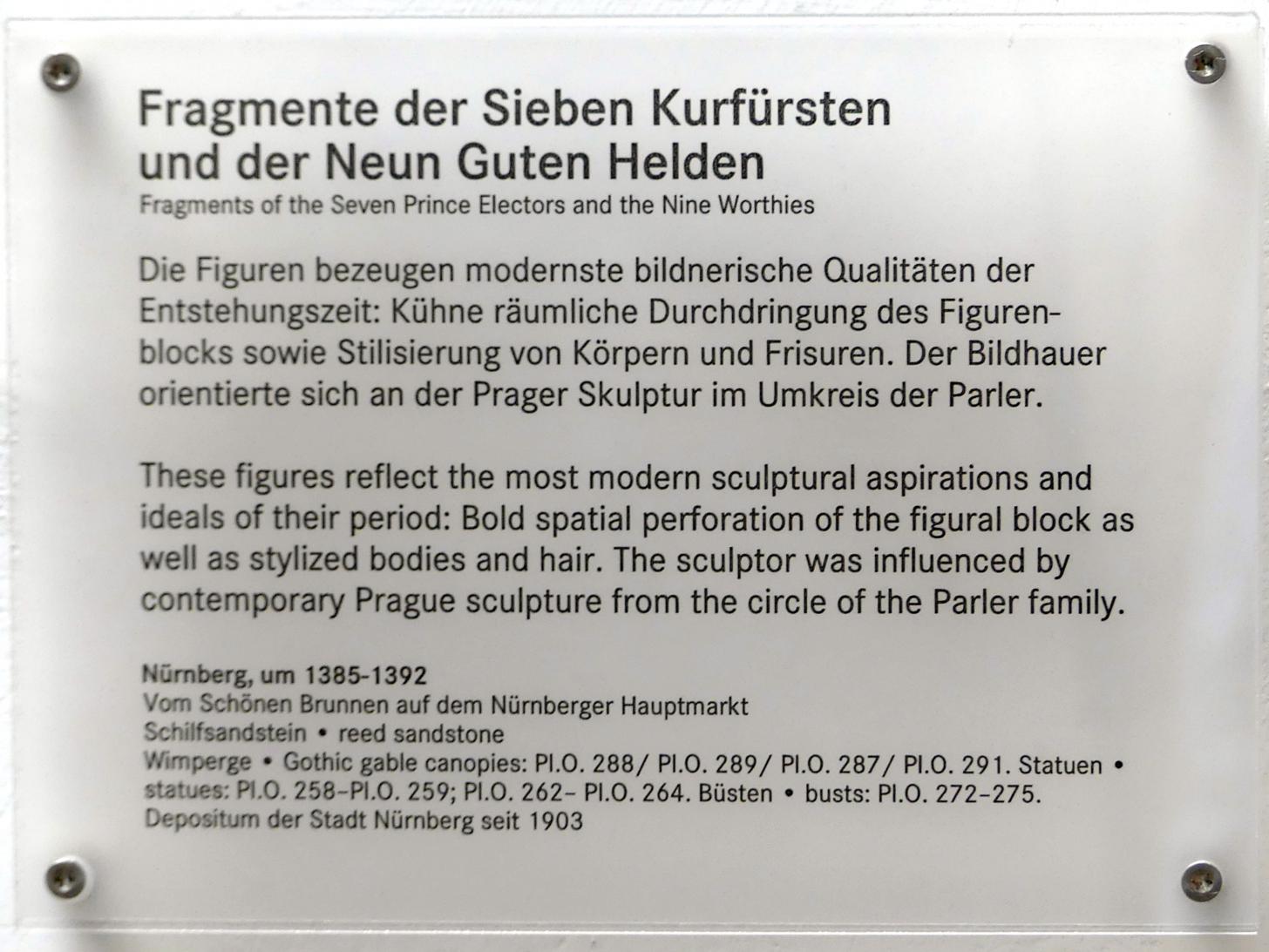 Fragmente der sieben Kurfürsten und der Neun Guten Helden, Nürnberg, Hauptmarkt, jetzt Nürnberg, Germanisches Nationalmuseum, Saal 30, um 1385–1392, Bild 8/8