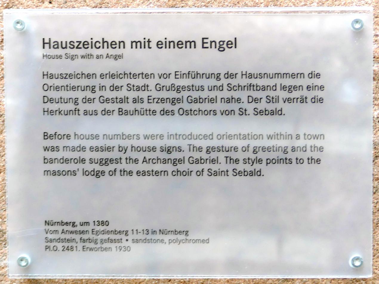 Hauszeichen mit einem Engel, Nürnberg, Anwesen Egidienberg 11-13, jetzt Nürnberg, Germanisches Nationalmuseum, Saal 30, um 1380, Bild 2/2