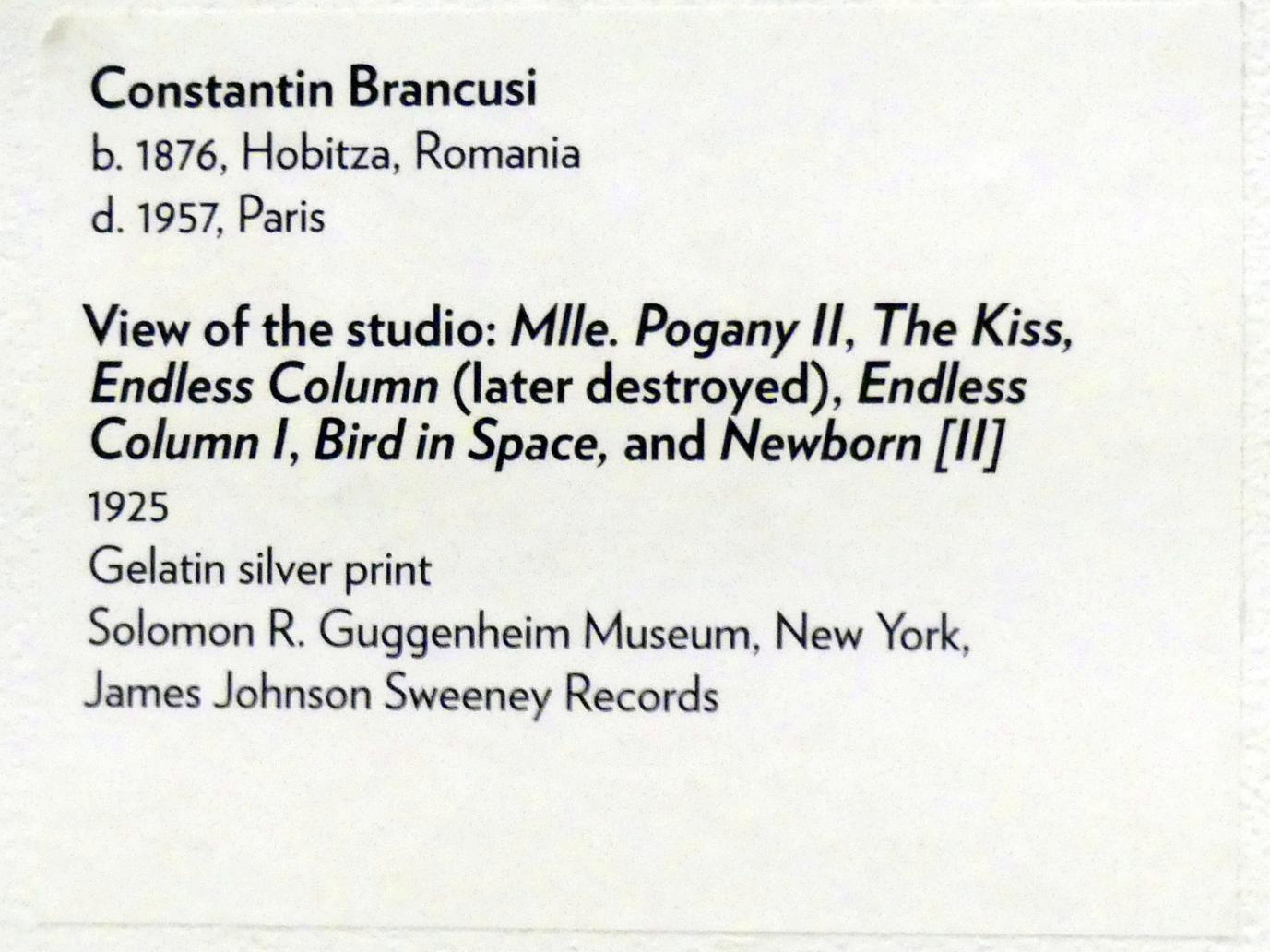 Constantin Brâncuși (1911–1942), View of the studio: Mlle. Pogany II, The Kiss, Endless Column (later destroyed), Endless Column I, Bird in Space, and Newborn [II], New York, Solomon R. Guggenheim Museum, Brancusi, 1925, Bild 2/2