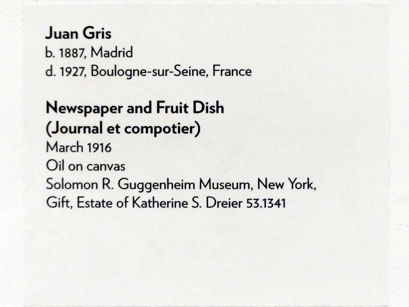 Juan Gris (1911–1926), Zeitung und Obstschale, New York, Solomon R. Guggenheim Museum, Thannhauser Collection, 1916, Bild 2/2