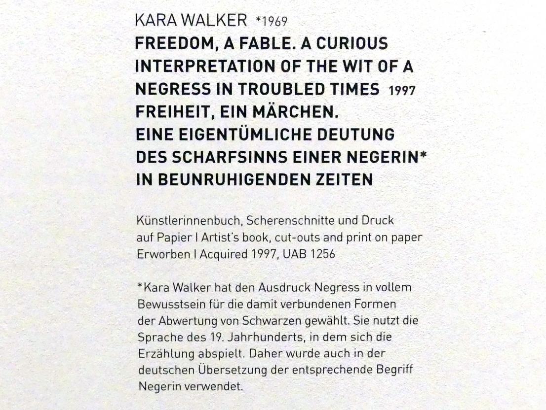 Kara Walker (1997), Freiheit, ein Märchen. Eine eigentümliche Deutung des Scharfsinns einer Negerin in beunruhigenden Zeiten, München, Museum Brandhorst, Saal 0.8, 1997, Bild 3/4