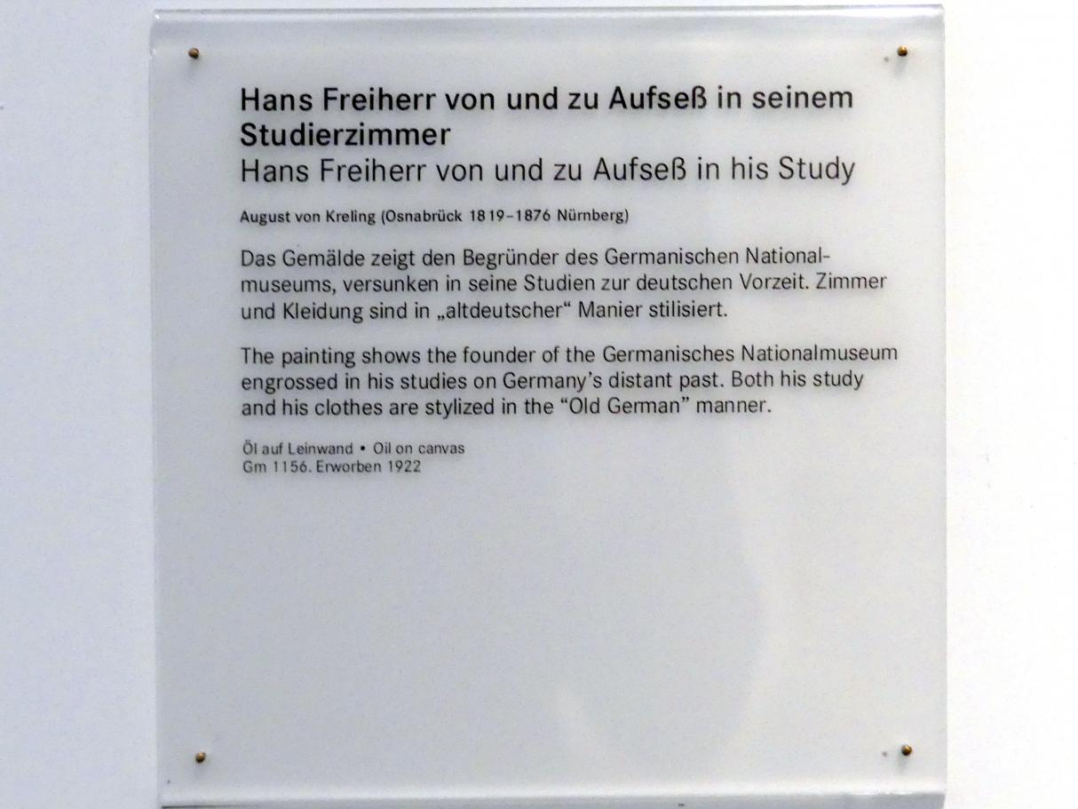 August von Kreling (Undatiert), Hans Freiherr von und zu Aufseß in seinem Studierzimmer, Nürnberg, Germanisches Nationalmuseum, 19. Jahrhundert - 12, Undatiert, Bild 2/2