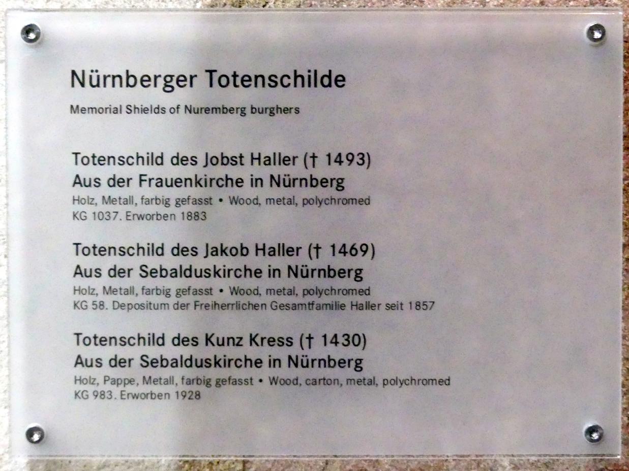 Totenschild des Kunz Kress (gest. 1430), Nürnberg, Kirche St. Sebald, jetzt Nürnberg, Germanisches Nationalmuseum, Saal 32, um 1430, Bild 2/2