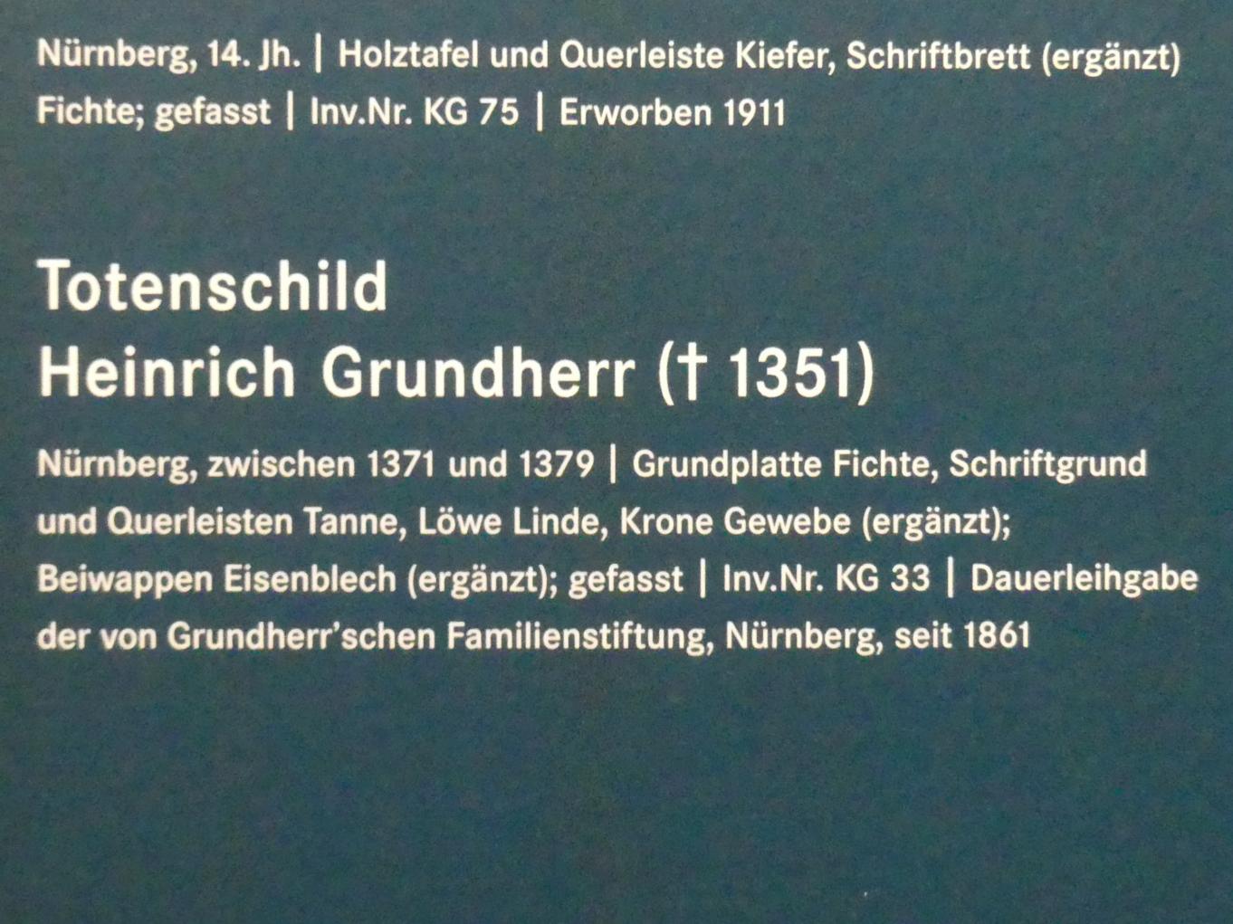 Totenschild Heinrich Grundherr (gest. 1351), Nürnberg, Germanisches Nationalmuseum, Saal 32, um 1371–1379, Bild 2/2