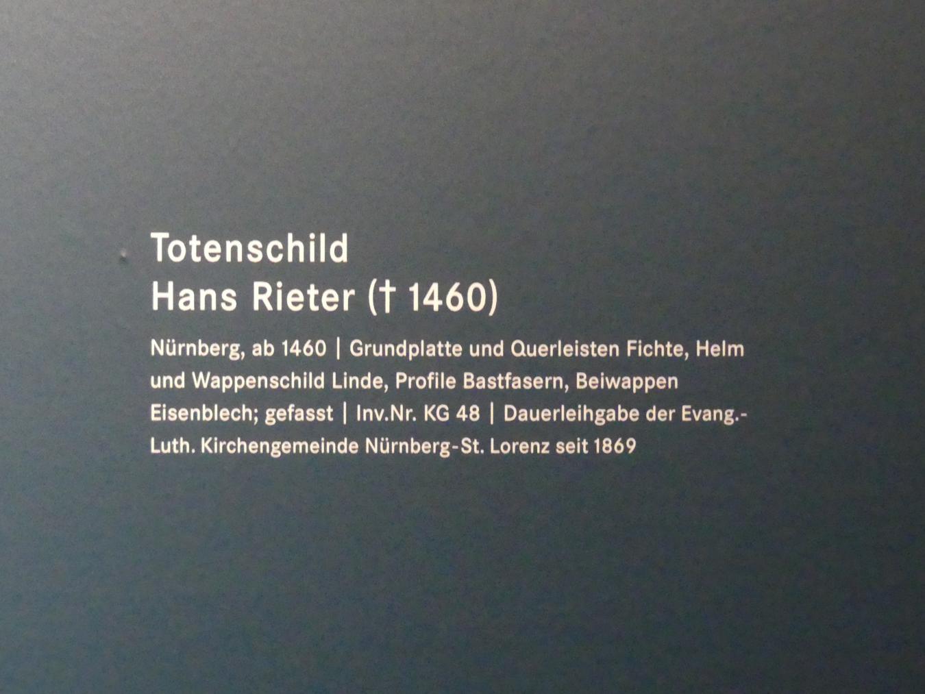 Totenschild Hans Rieter (gest. 1460), Nürnberg, Germanisches Nationalmuseum, Saal 32, um 1460, Bild 2/2