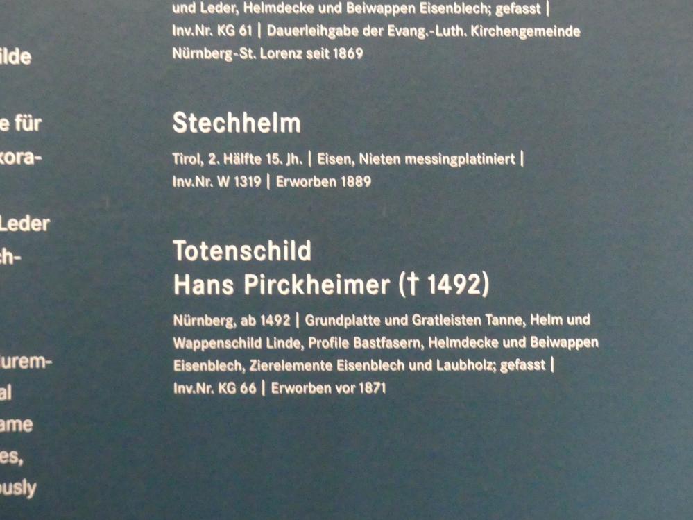 Totenschild Hans Pirckheimer (gest. 1492), Nürnberg, Germanisches Nationalmuseum, Saal 32, um 1492, Bild 2/2