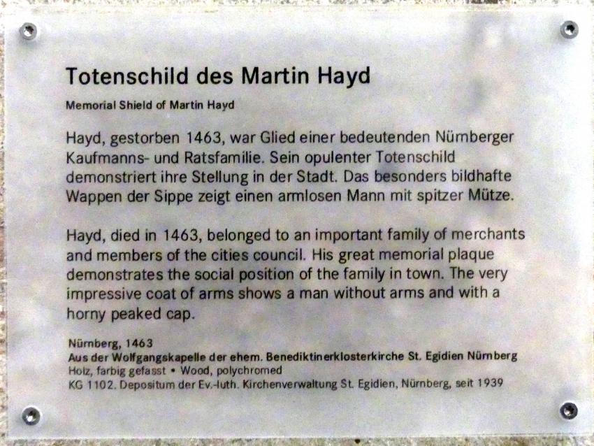 Totenschild Martin Hayd (gest. 1463), Nürnberg, ehem. Benediktinerkloster, jetzt Nürnberg, Germanisches Nationalmuseum, Saal 32, um 1463, Bild 2/2