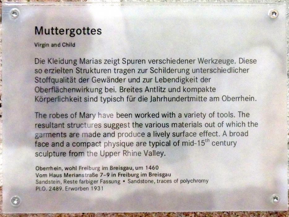 Muttergottes, Freiburg, Haus Merianstr. 7-9, jetzt Nürnberg, Germanisches Nationalmuseum, Saal 32, um 1460, Bild 3/3