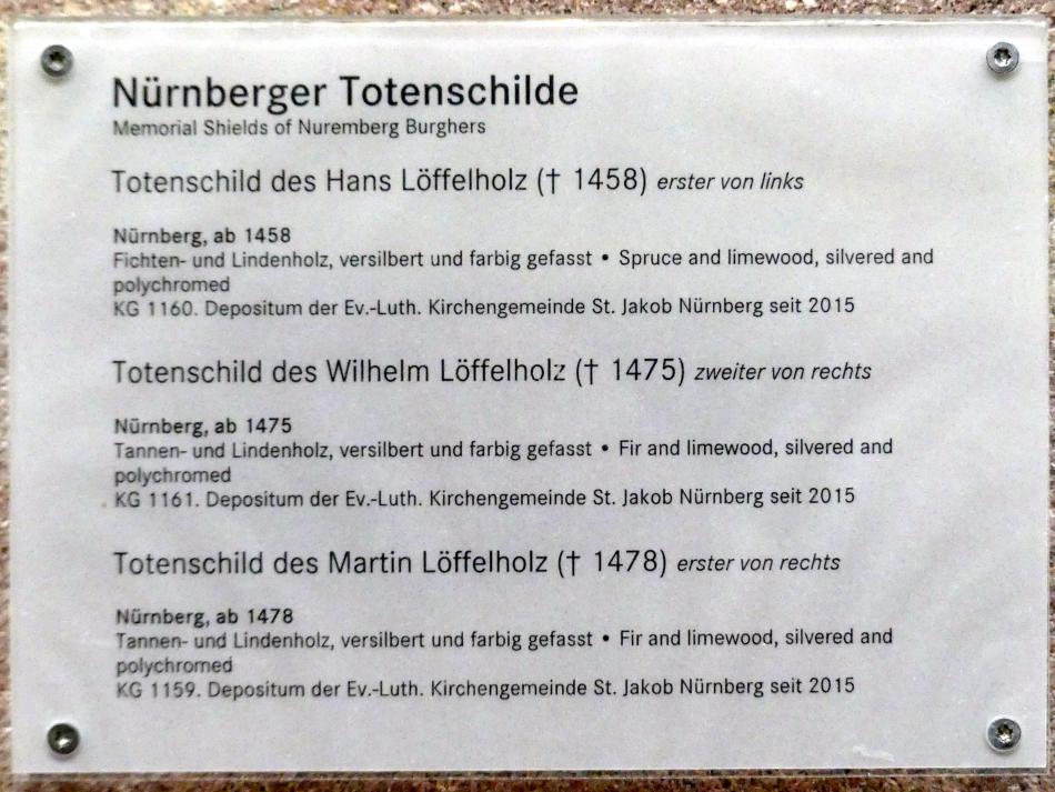 Totenschild des Wilhelm Löffelholz (gest. 1475), Nürnberg, Germanisches Nationalmuseum, Saal 32, um 1475, Bild 2/2