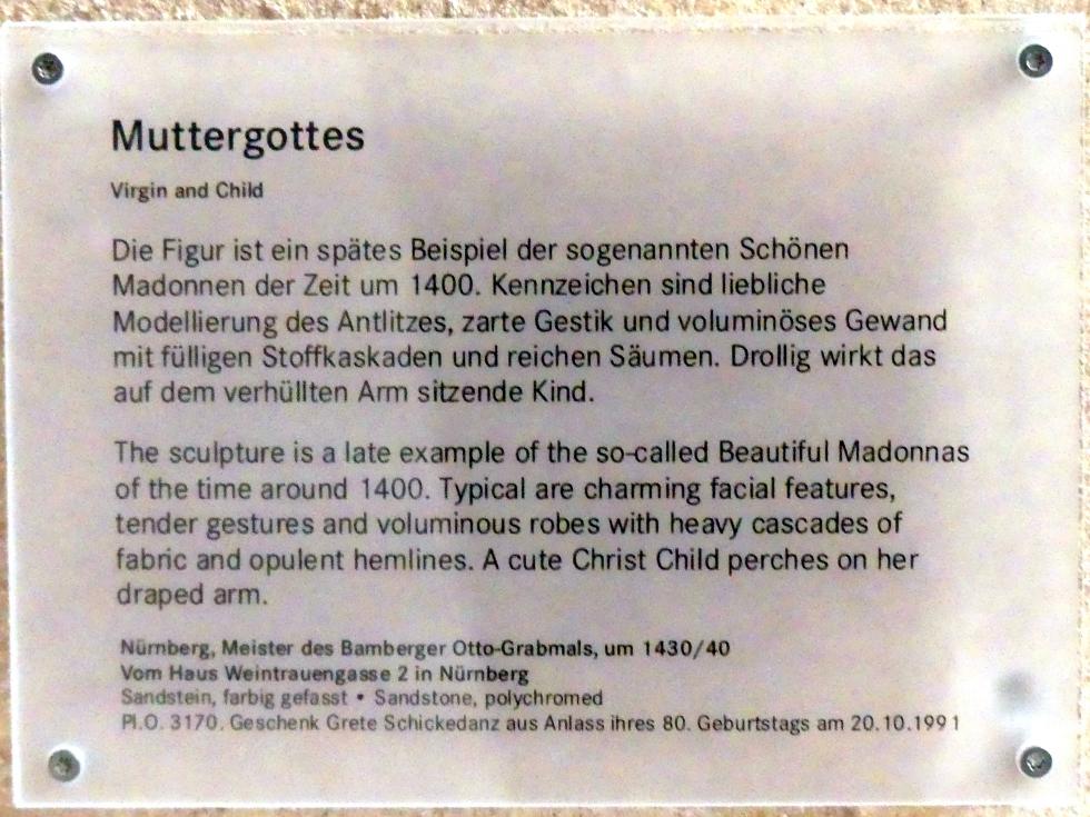 Muttergottes, Nürnberg, Haus Weintraubengasse 2, jetzt Nürnberg, Germanisches Nationalmuseum, Saal 32, um 1430–1440, Bild 4/4
