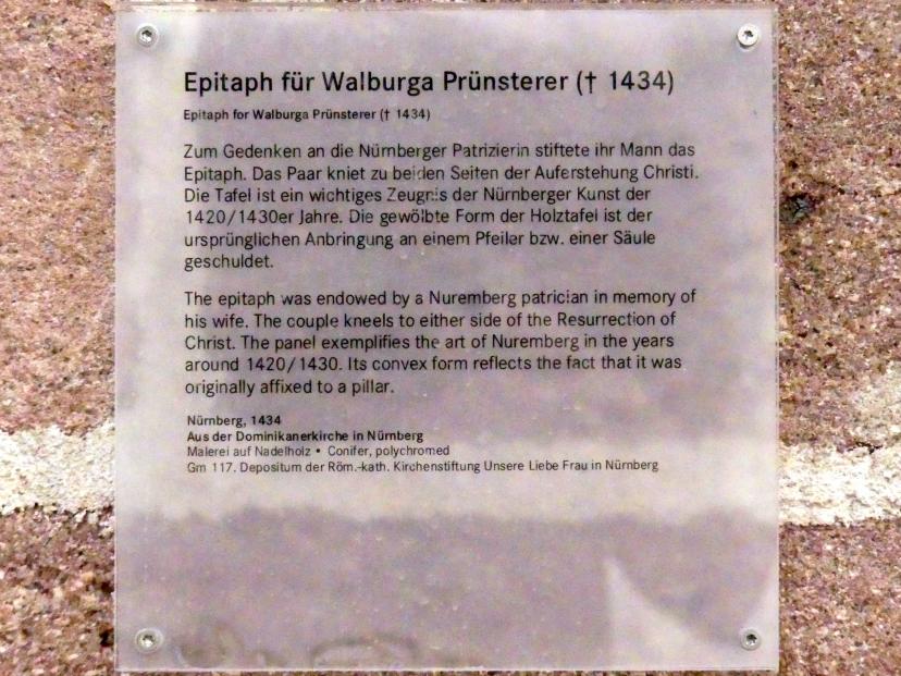 Epitaph für Walburga Prünsterer (gest. 1434), Nürnberg, ehem. Dominikanerkloster St. Marien, jetzt Nürnberg, Germanisches Nationalmuseum, Saal 32, 1434, Bild 2/2
