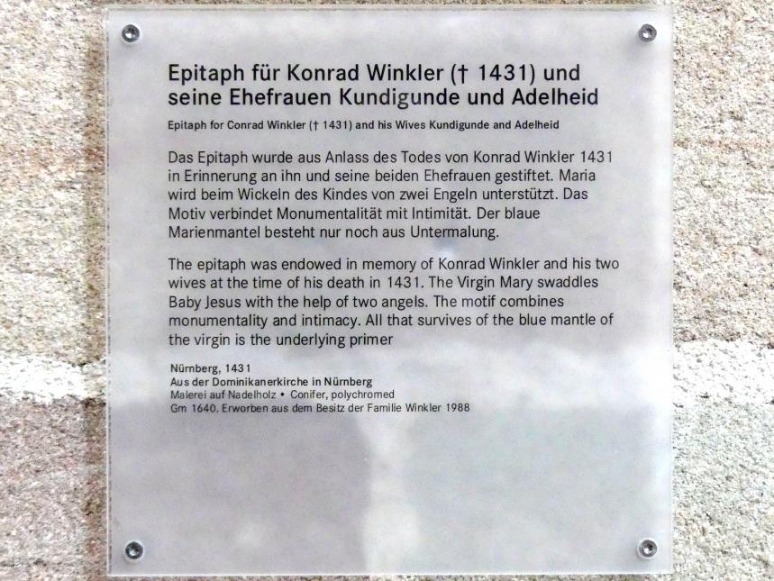 Epitaph für Konrad Winkler (gest. 1431) und seine Ehefrauen Kunigunde und Adelheid, Nürnberg, ehem. Dominikanerkloster St. Marien, jetzt Nürnberg, Germanisches Nationalmuseum, Saal 32, 1431, Bild 2/2