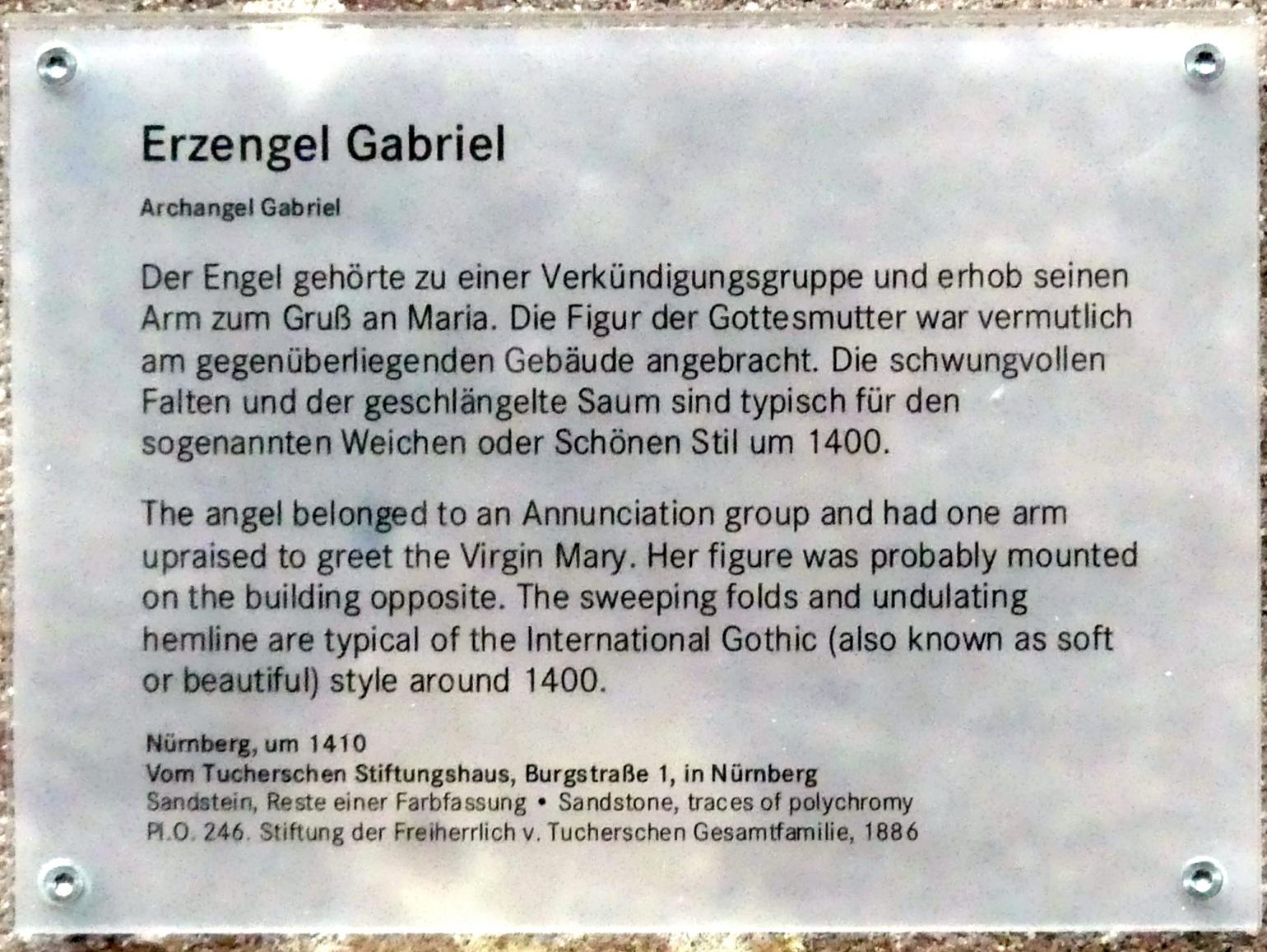 Erzengel Gabriel, Nürnberg, Tuchersches Stiftungshaus, Burgstraße 1, jetzt Nürnberg, Germanisches Nationalmuseum, Saal 32, um 1410, Bild 3/3